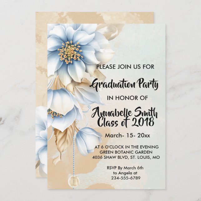 Invitación Graduación floral azul vintage (Anverso / Reverso)