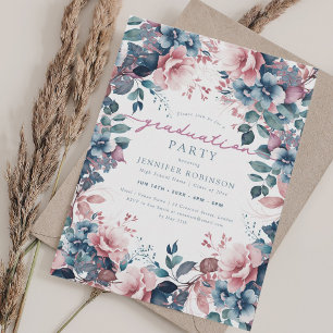 Invitación Graduación Floral Boho Dusty Blue Garden