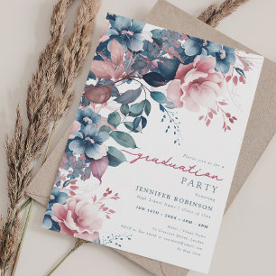 Invitación Graduación floral Boho Dusty Blue Summer Garden