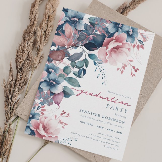 Invitación Graduación floral Boho Dusty Blue Summer Garden (Boho Dusty Blue Summer Garden Floral Graduation Invitation)