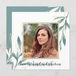 Invitación Graduación floral de acuarela verde dorado