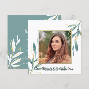 Invitación Graduación floral de acuarela verde dorado