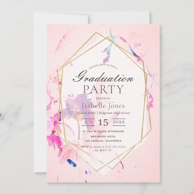 Invitación Graduación floral de color de agua rosa Rubor (Anverso)