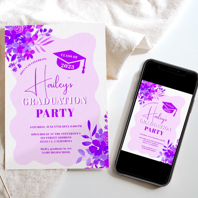 Invitación Graduación floral de cuadro ondulado morado calien (Subido por el creador)