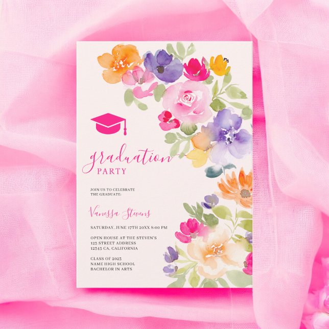 Invitación Graduación floral de flores silvestres botánicas d (Boho botanical wildflower floral graduation invitation)