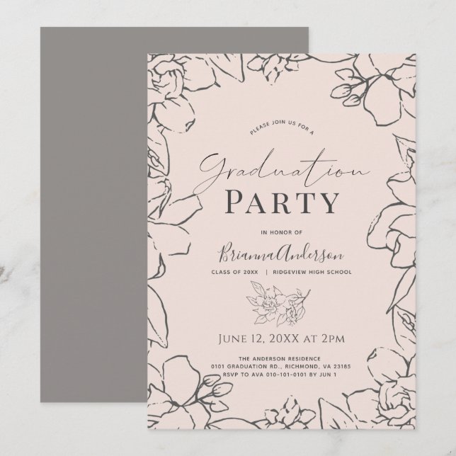 Invitación Graduación Floral de Gardenia Rosa (Anverso / Reverso)