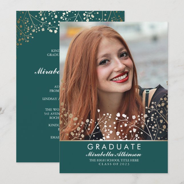 Invitación Graduación floral de la foto del estudiante del (Anverso / Reverso)