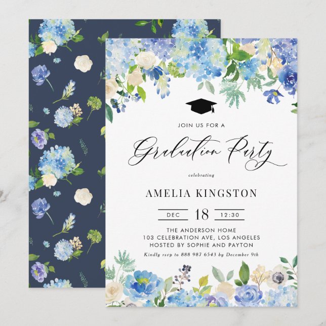 Invitación Graduación floral de la hidrangea azul acuarela (Anverso / Reverso)