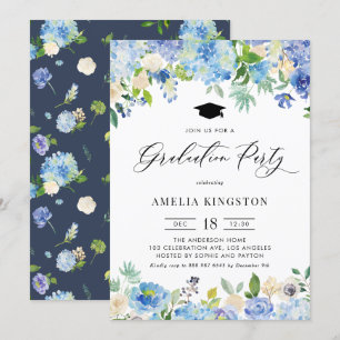 Invitación Graduación floral de la hidrangea azul acuarela