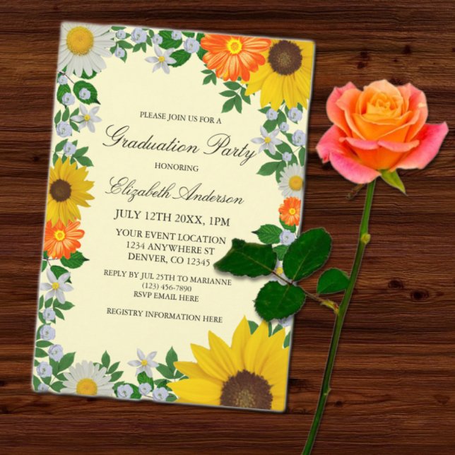 Invitación Graduación floral de margarita de girasol rústico (Subido por el creador)