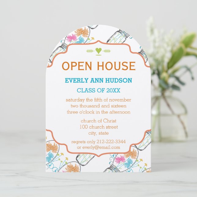 Invitación Graduación floral de Mason Jar Pink Coral Turquois (Anverso de pie)