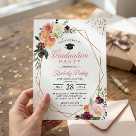 Invitación Graduación floral de Moda de marco dorado geométri