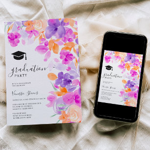Invitación Graduación floral de naranja púrpura romántico pas
