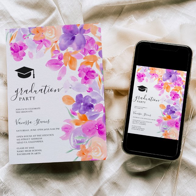 Invitación Graduación floral de naranja púrpura romántico pas (Subido por el creador)