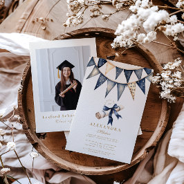 Invitación Graduación floral de oro de la marina de fotos