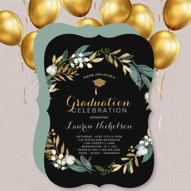Invitación Graduación floral de oro negro (Subido por el creador)