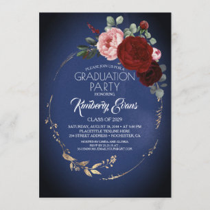 Invitación Graduación floral de oro y rojo borgoña azul de la