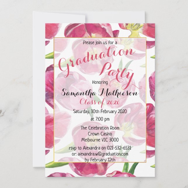 Invitación Graduación floral de patrón de tulipán rosado (Anverso)