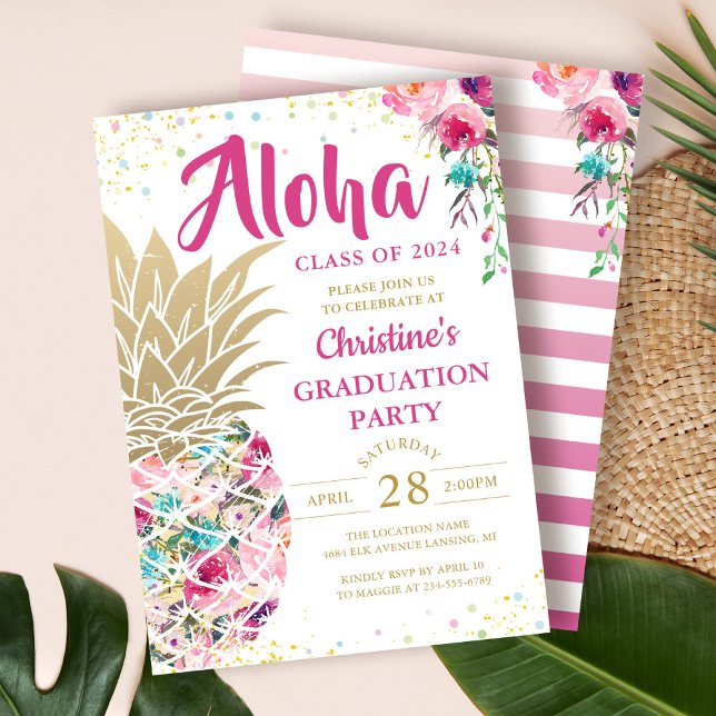 Invitación Graduación floral de piña de oro rosado tropical (Subido por el creador)