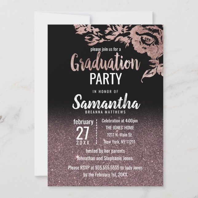 Invitación Graduación floral de Rosa negro Purpurina de oro (Anverso)