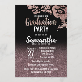Invitación Graduación floral de Rosa negro Purpurina de oro
