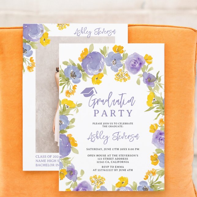 Invitación Graduación floral del Boho amarillo púrpura jardín (Boho purple yellow garden floral graduation invitation)