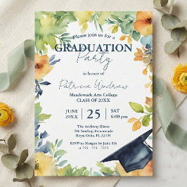 Invitación Graduación floral en acuarela azul marino y amaril