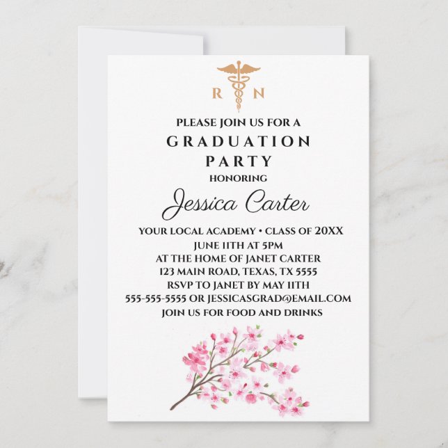 Invitación Graduación Floral Enfermera Tipografía Flor cereza (Anverso)