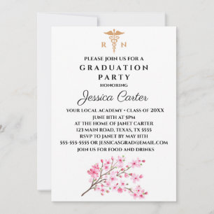 Invitación Graduación Floral Enfermera Tipografía Flor cereza
