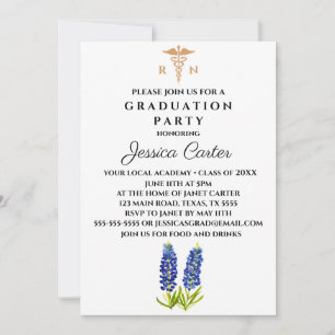 Invitación Graduación Floral Enfermera Typografía Bluebonnets