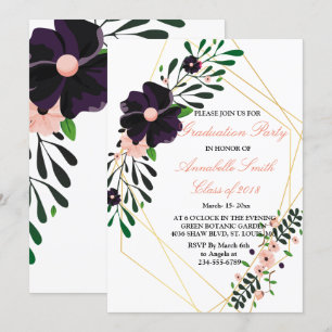 Invitación Graduación floral geométrica de marco dorado púrpu