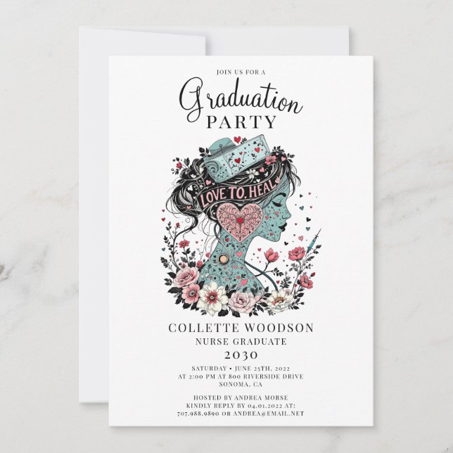 Invitación Graduación Floral Ilustrada de Enfermeras (Anverso)