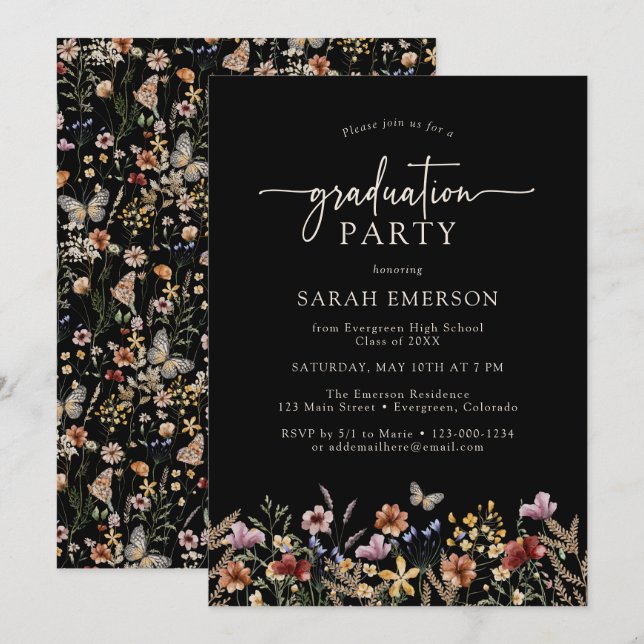 Invitación Graduación floral negra (Anverso / Reverso)