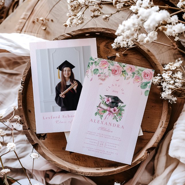 Invitación Graduación floral rosa de foto moderna (Subido por el creador)