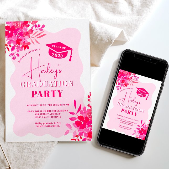 Invitación Graduación floral rosada rosa cálida (Subido por el creador)