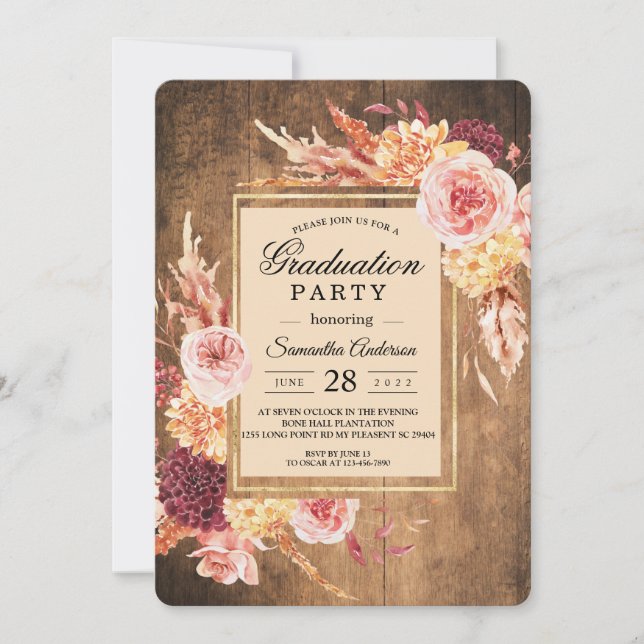 Invitación Graduación floral rústica de Borgoña y Rubor (Anverso)