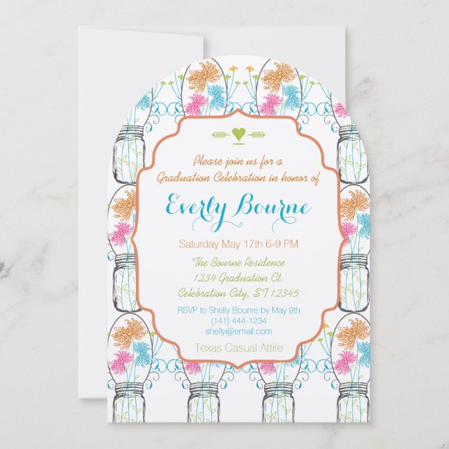 Invitación Graduación floral rústica de mason jar de coral ro (Anverso)