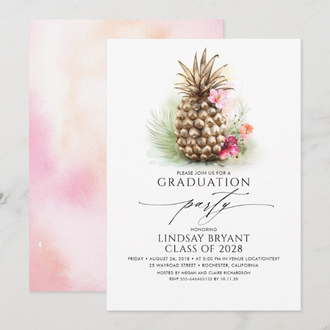 Invitación Graduación floral Tropical Gold Pineapple Beach (Anverso / Reverso)