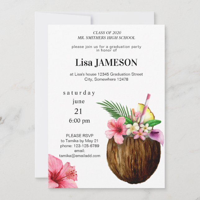 Invitación Graduación Floral Tropical Hawaiana y Coco (Anverso)