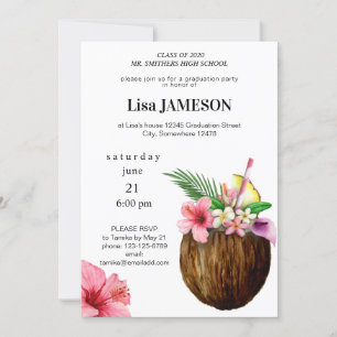 Invitación Graduación Floral Tropical Hawaiana y Coco