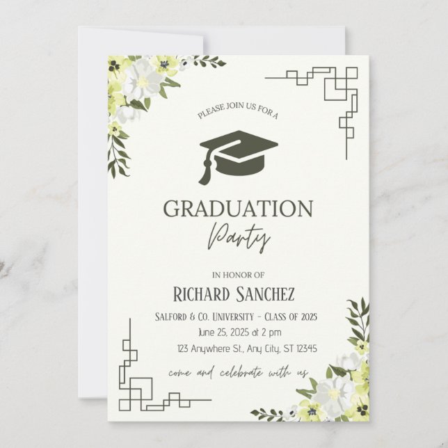 Invitación Graduación floral verde y crema (Anverso)