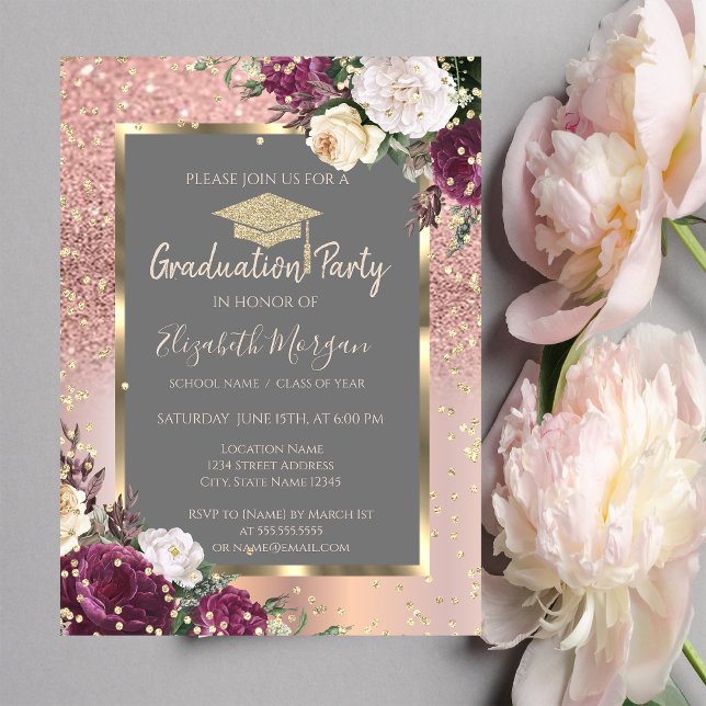 Invitación Graduación Flores Borgoña Diamantes Oro (Subido por el creador)