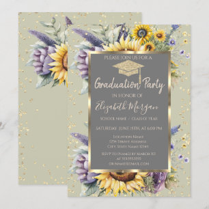 Invitación Graduación Flores Violeta Girasoles Diamantes Oro