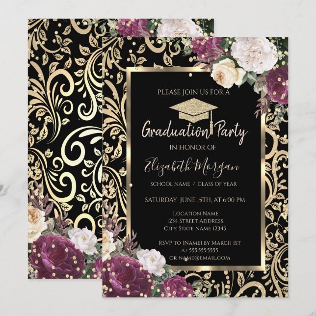 Invitación Graduación Flujos de Oro Diamantes Flores Burgundy (Anverso / Reverso)