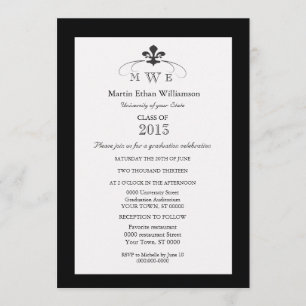 Invitación Graduación formal de la flor de lis blanco y negro