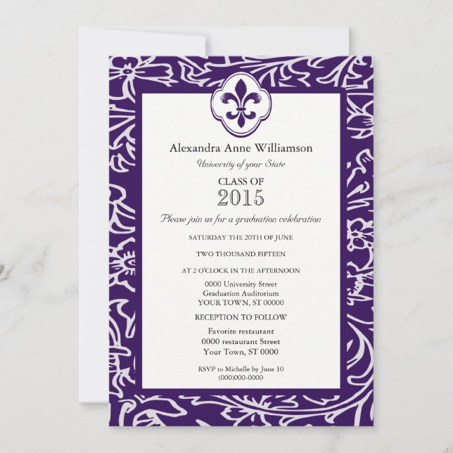 Invitación Graduación formal floral de la flor de lis gris (Anverso)