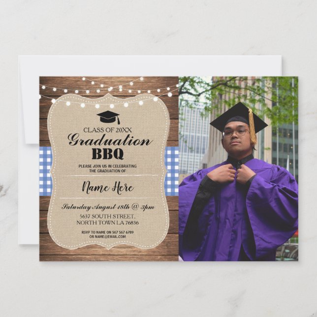 Invitación Graduación Foto BBQ Burlap Blue Rustic Wood (Anverso)