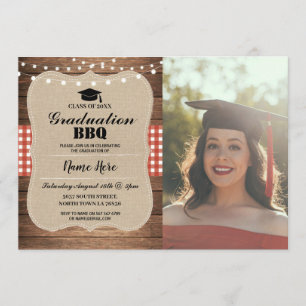 Invitación Graduación Foto BBQ Burlap Madera Rústica Roja