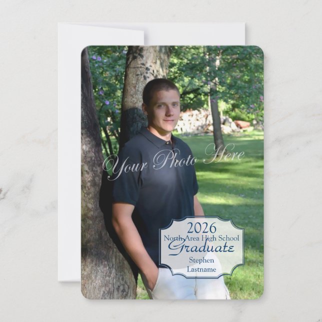 Invitación Graduación Foto Box y Stripes Blue (Anverso)