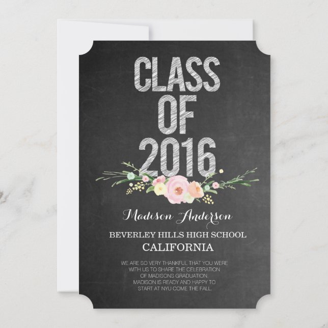 Invitación Graduación Foto Clase de 2016 Chalkboard Floral (Reverso)